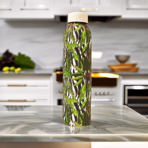 A white water bottle with a black and white zebra print and green and white tropical leaves.