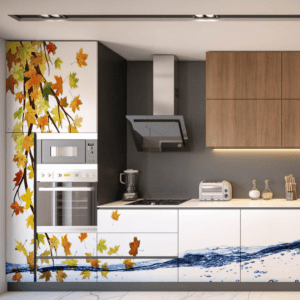 Kitchen cabinets with white and wood laminate panels featuring a vibrant design of autumn leaves and water waves.