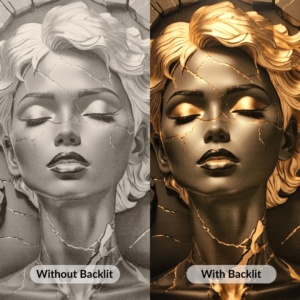 left side of the image shows a girl in black and white and this image is without backlit, right of side of the image showcase a same girl in golden color the hair of the girl glowing and some part of the image glowing in golden color bacause of the backlit.