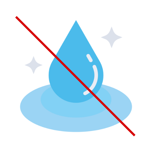 image features a blue water droplet with sparkles around it, crossed out by a red diagonal line, indicating the avoidance of moisture.
