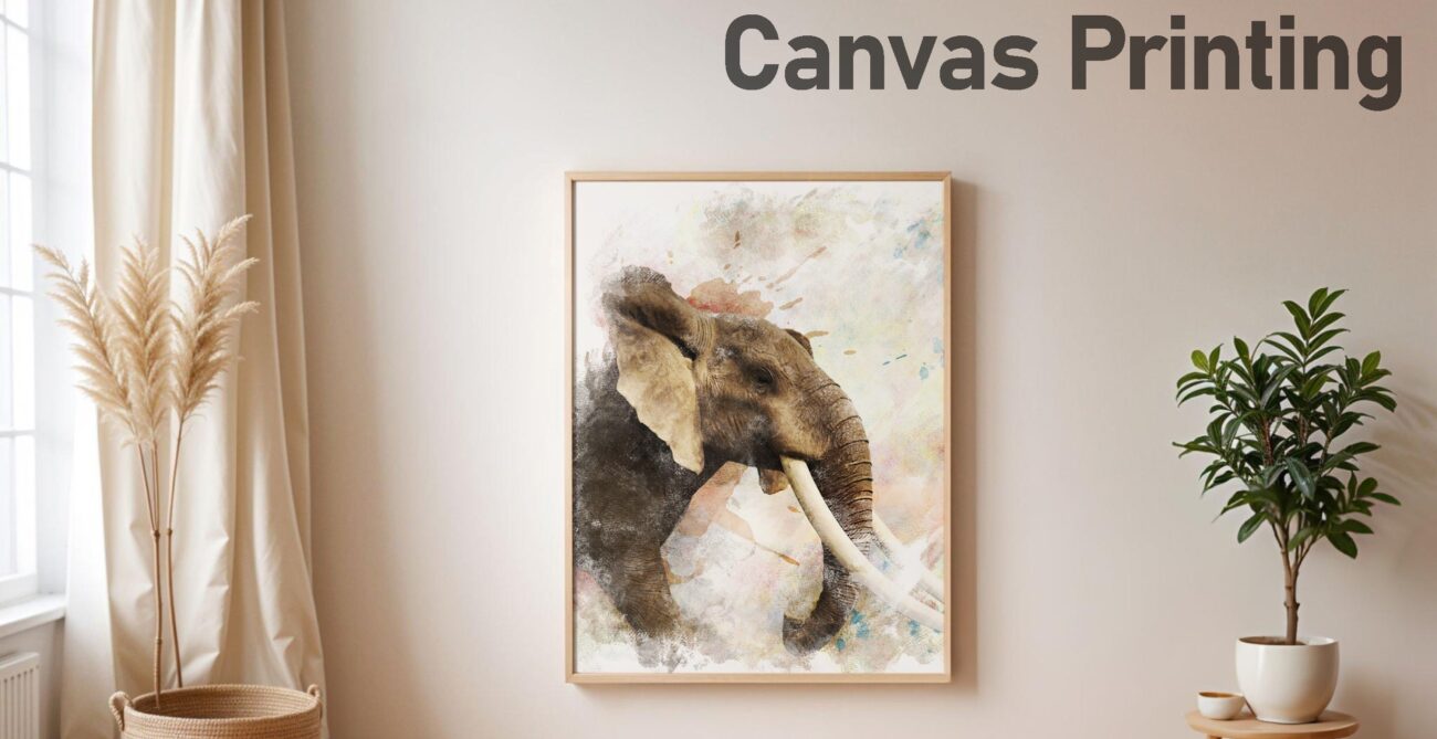 Elephant canvas print in room.