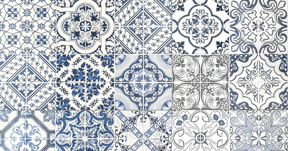 Moroccan-inspired blue and white ceramic tile pattern.