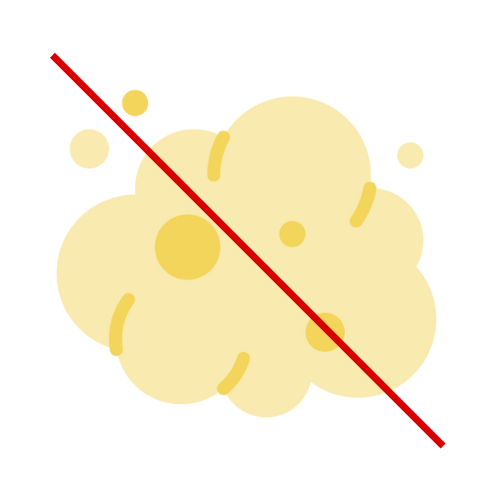 image shows a yellow cloud of dust particles, also crossed out by a red diagonal line, signifying the need to avoid dust accumulation.