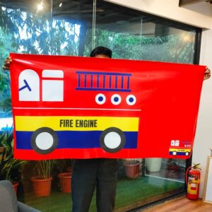 A red fire engine printed on brown leather with black and white detailing.