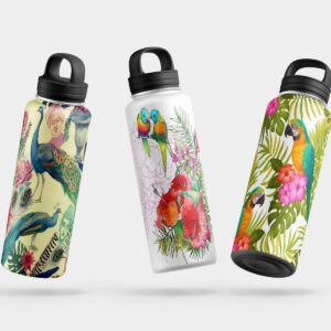 Three water bottles with colorful and vibrant prints featuring peacocks, parrots, and tropical flowers.