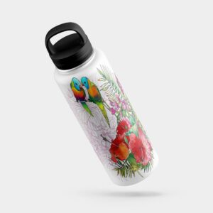 A white stainless steel water bottle with a colorful tropical bird and flower design.