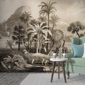 A vintage-style wallpaper mural depicting a lush African landscape with palm trees, giraffes, and birds, printed on a textured wall.