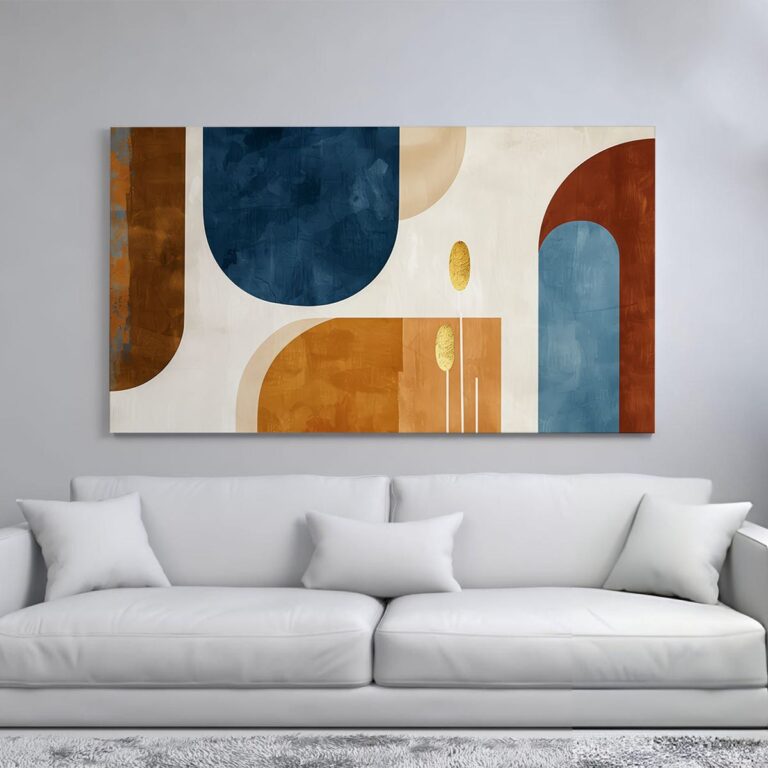 Abstract geometric wall art with earthy tones and gold accents.