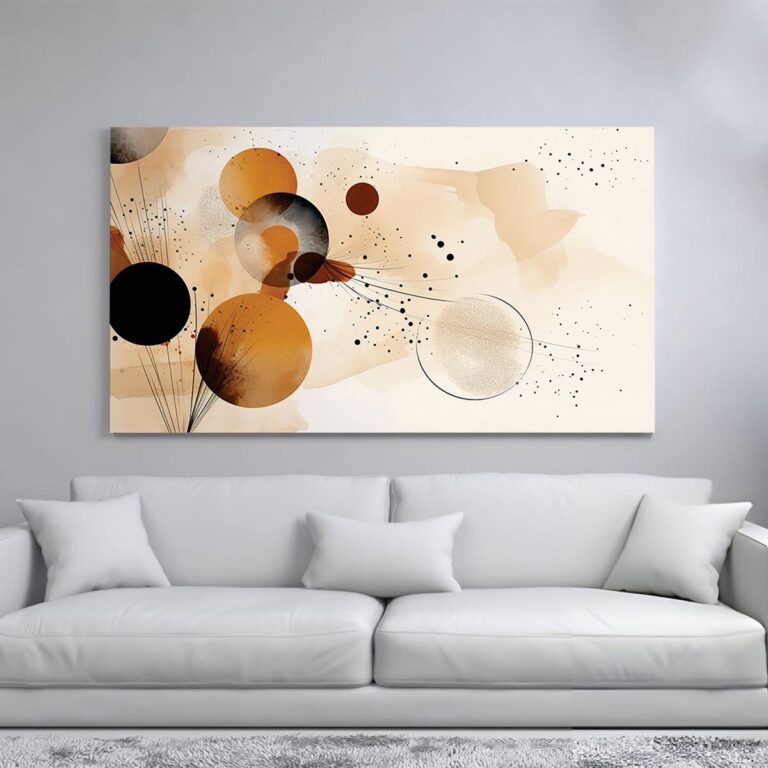 Abstract celestial wall art with golden circles and starry accents.