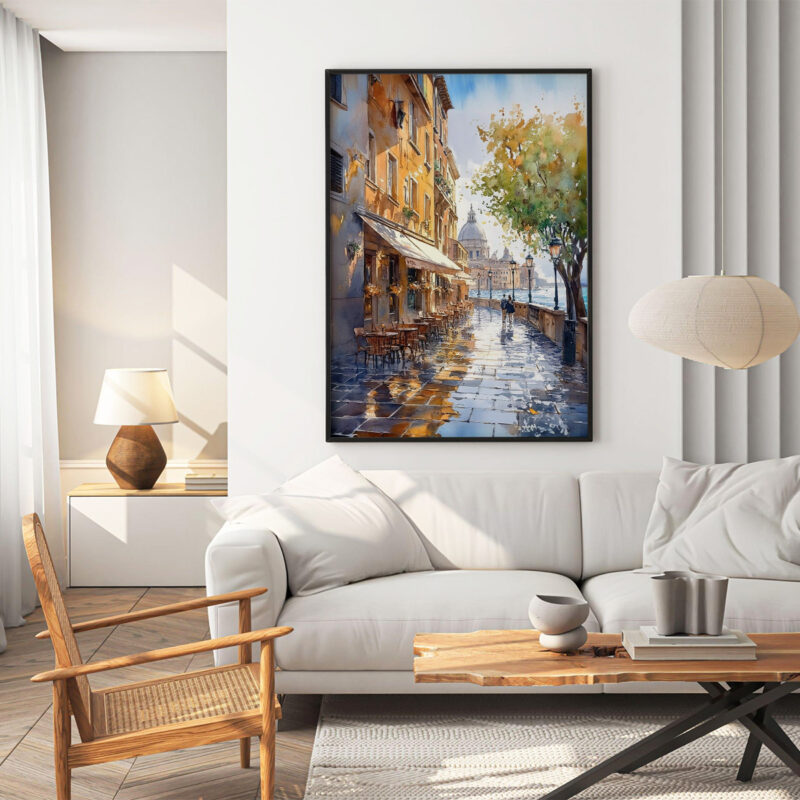 A watercolor painting of a quaint Italian street scene with cafes, umbrellas, and a distant view of a dome.