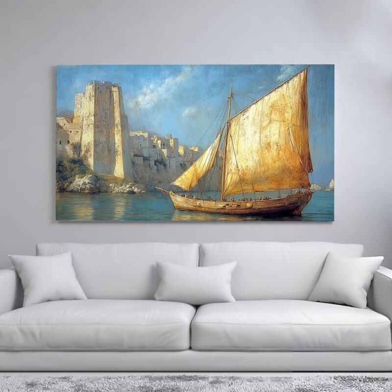 A painting of a sailboat with a golden sail, sailing past a coastal town with a castle on a hill.