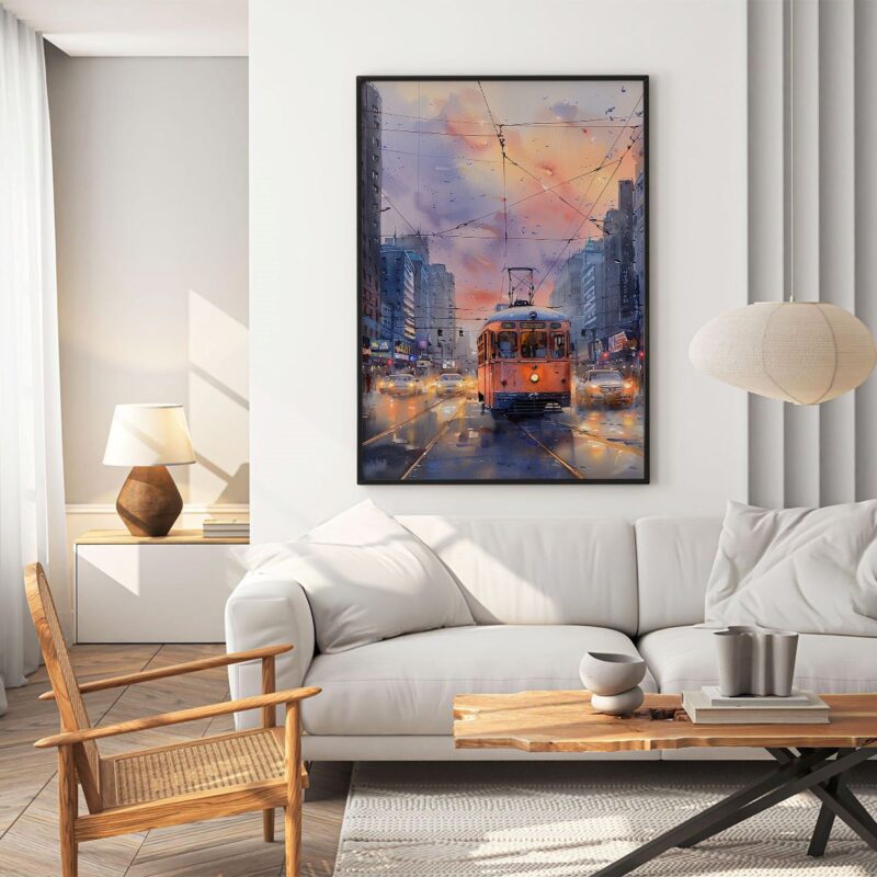 A watercolor painting of a yellow tram traveling down a city street at sunset.