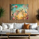 A vibrant canvas print featuring colorful birds perched on blooming rose bushes against a sunset sky.