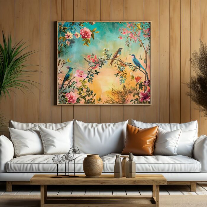A vibrant canvas print featuring colorful birds perched on blooming rose bushes against a sunset sky.