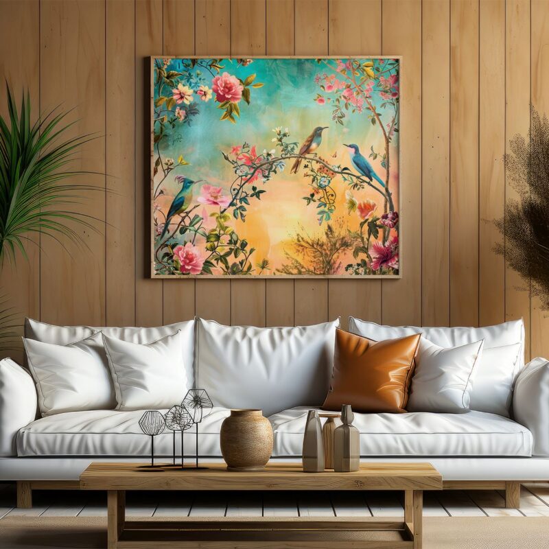 A vibrant canvas print featuring colorful birds perched on blooming rose bushes against a sunset sky.