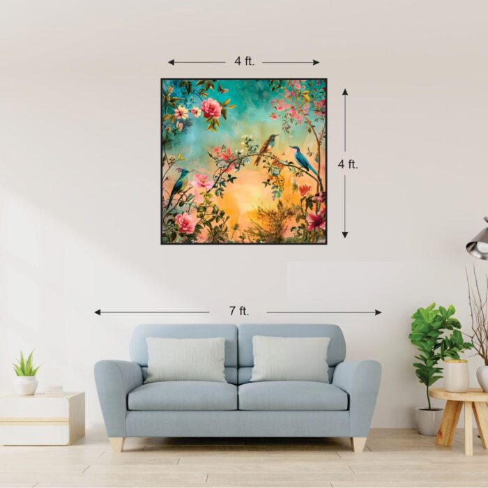 Colorful Birds and Flowers Canvas Print: A vibrant and serene canvas print, ideal for large-scale wall art. size: 4'x4'.
