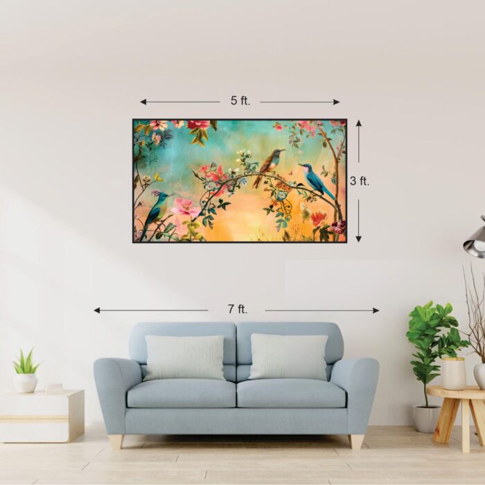 Colorful Birds and Flowers Canvas Print: A vibrant and serene canvas print, ideal for large-scale wall art. Size: 3'x5'.