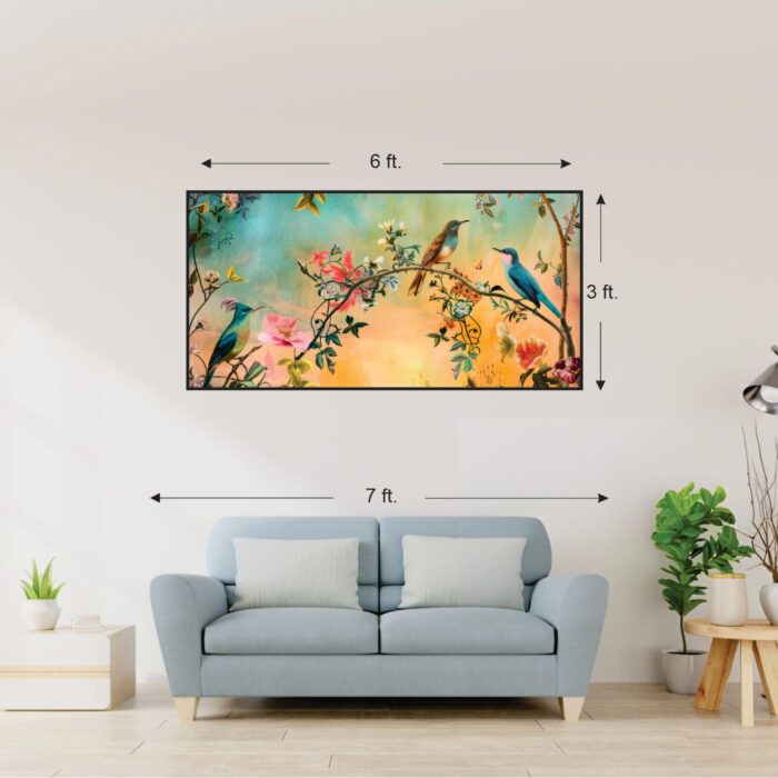 Colorful Birds and Flowers Canvas Print: A vibrant and serene canvas print, ideal for large-scale wall art. size: 3'x6'