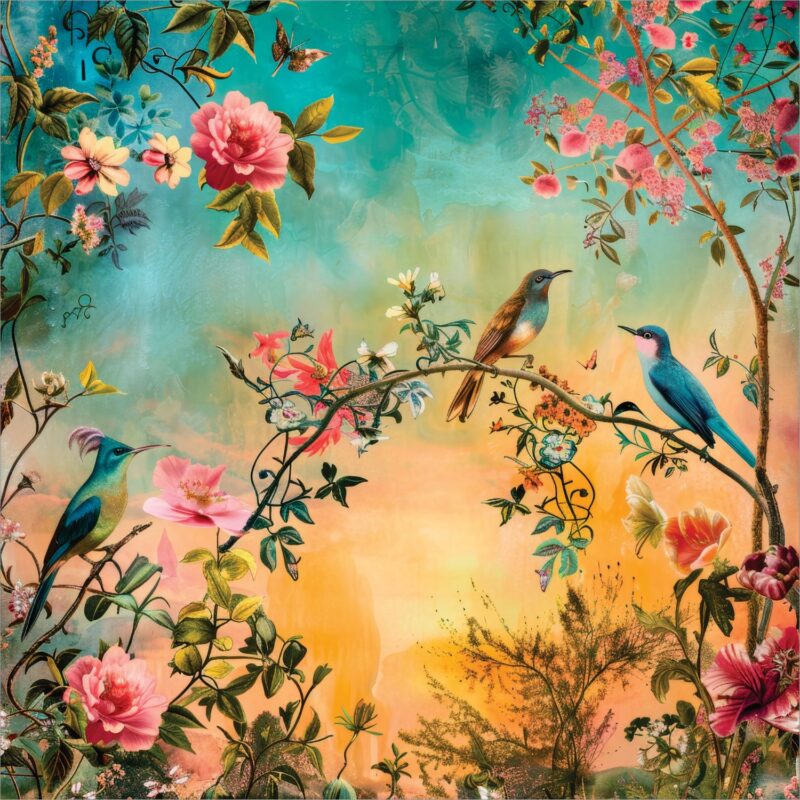 Colorful Birds and Flowers Canvas Print: A vibrant and serene canvas print, ideal for large-scale wall art.