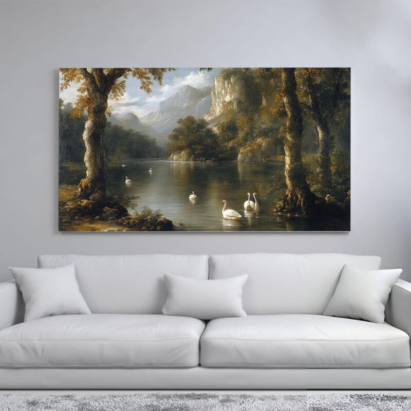 A serene canvas print depicting a lake with swans swimming, surrounded by trees and mountains.