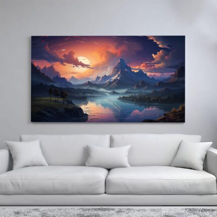 A vibrant canvas print of a breathtaking mountain landscape at sunset, with a lake reflecting the fiery sky.