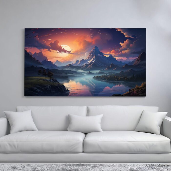 A vibrant canvas print of a breathtaking mountain landscape at sunset, with a lake reflecting the fiery sky.