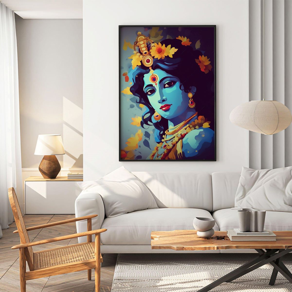 A vibrant painting of Lord Krishna, the Hindu deity, with blue skin, adorned with flowers and jewelry.