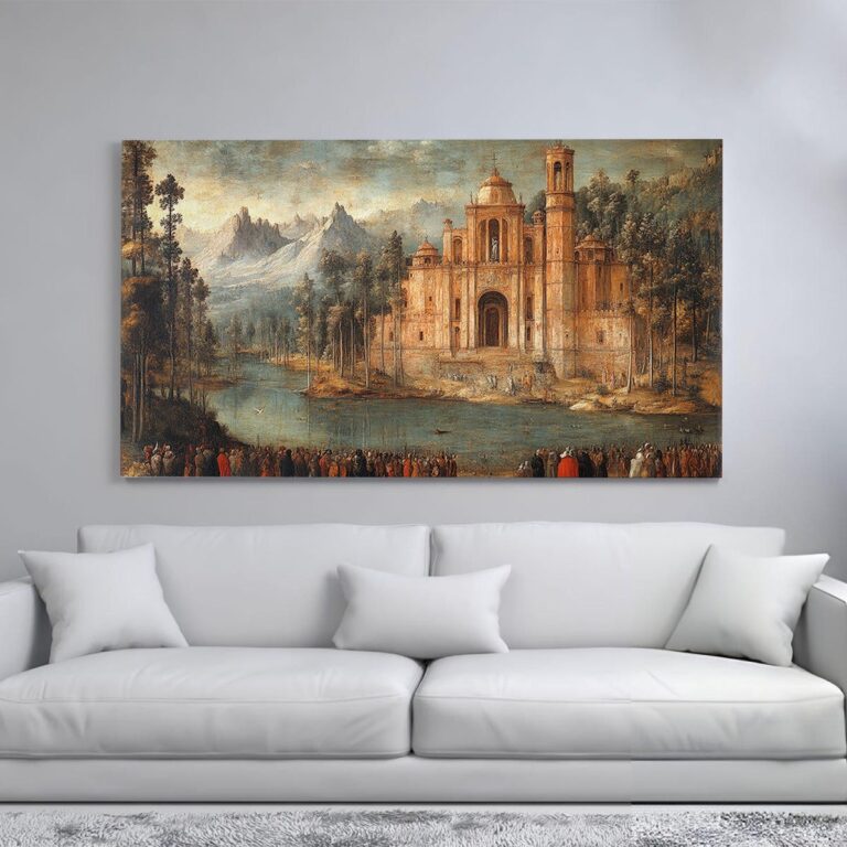 A painting of a grand cathedral on an island surrounded by a lake, with mountains in the background and people gathered on the shore.