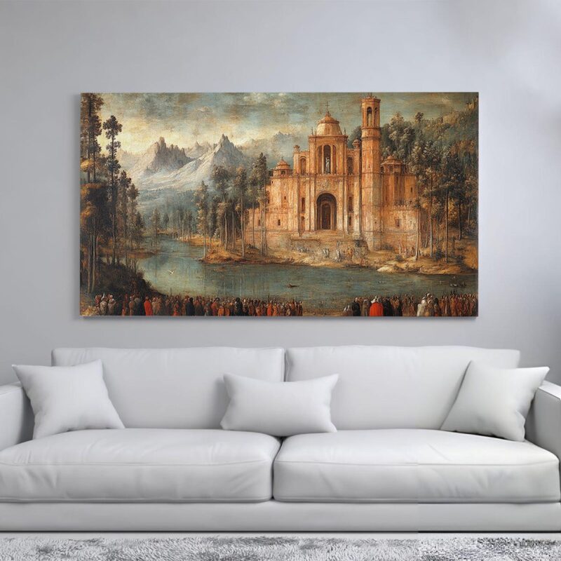 A painting of a grand cathedral on an island surrounded by a lake, with mountains in the background and people gathered on the shore.