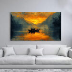 A painting of two people in a small boat on a lake, silhouetted against a vibrant sunset with mountains in the background.