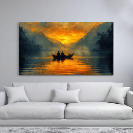 A painting of two people in a small boat on a lake, silhouetted against a vibrant sunset with mountains in the background.