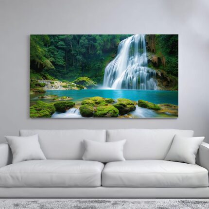 A stunning canvas print of a cascading waterfall surrounded by lush greenery and a turquoise pool.