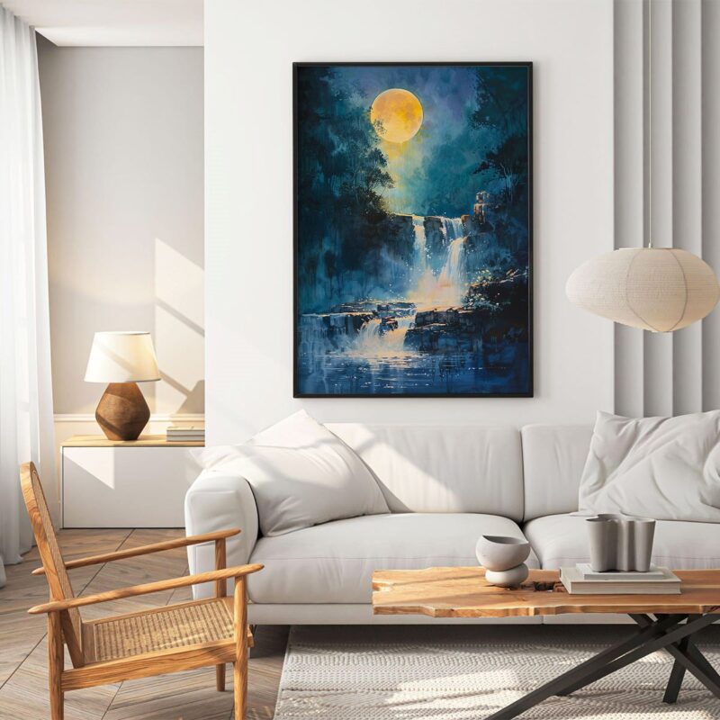 A serene canvas print of a waterfall illuminated by a full moon in a moonlit forest.