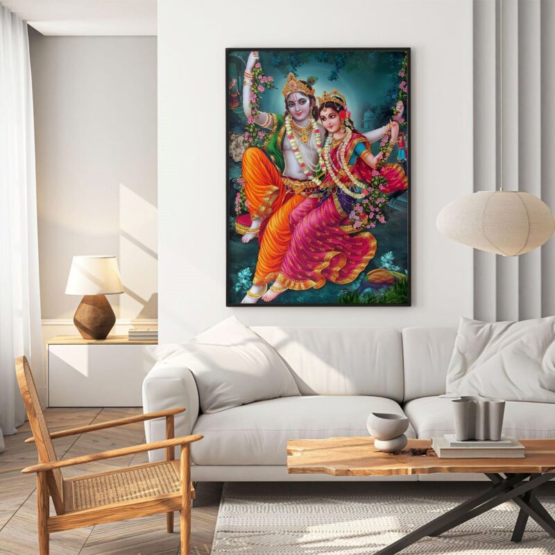 A vibrant canvas print depicting Radha and Krishna, Hindu deities, swinging on a vine in a forest setting.
