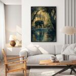 Elephant walking through a serene forest with ancient ruins.
