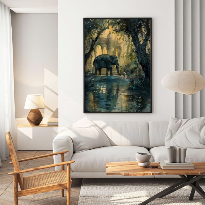 Elephant walking through a serene forest with ancient ruins.