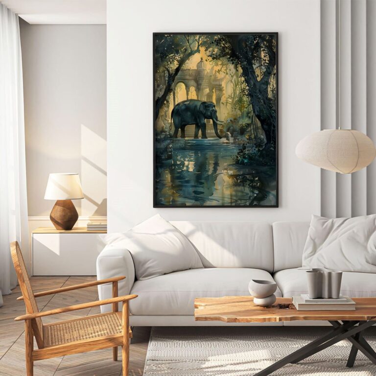 Elephant walking through a serene forest with ancient ruins.