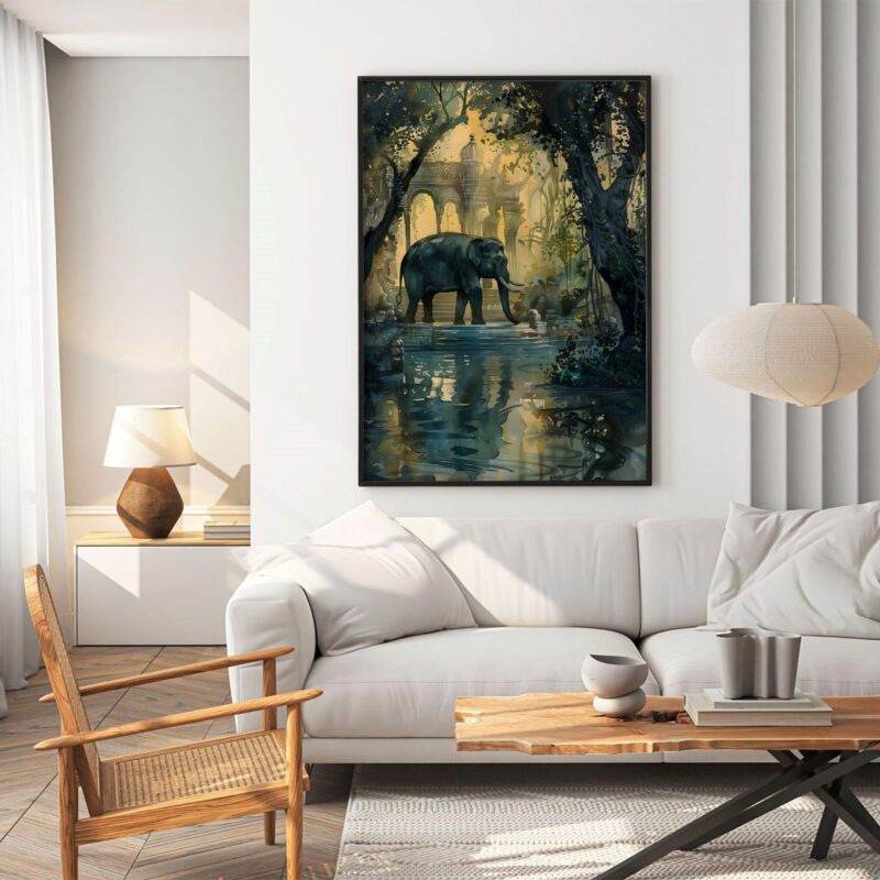 Elephant walking through a serene forest with ancient ruins.