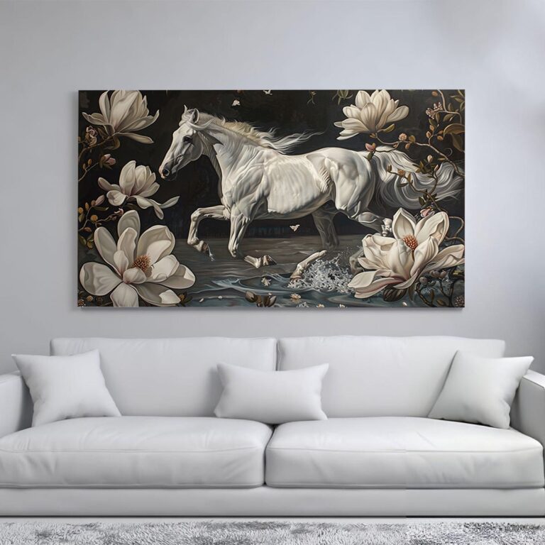 White horse galloping through a field of blooming magnolia flowers.