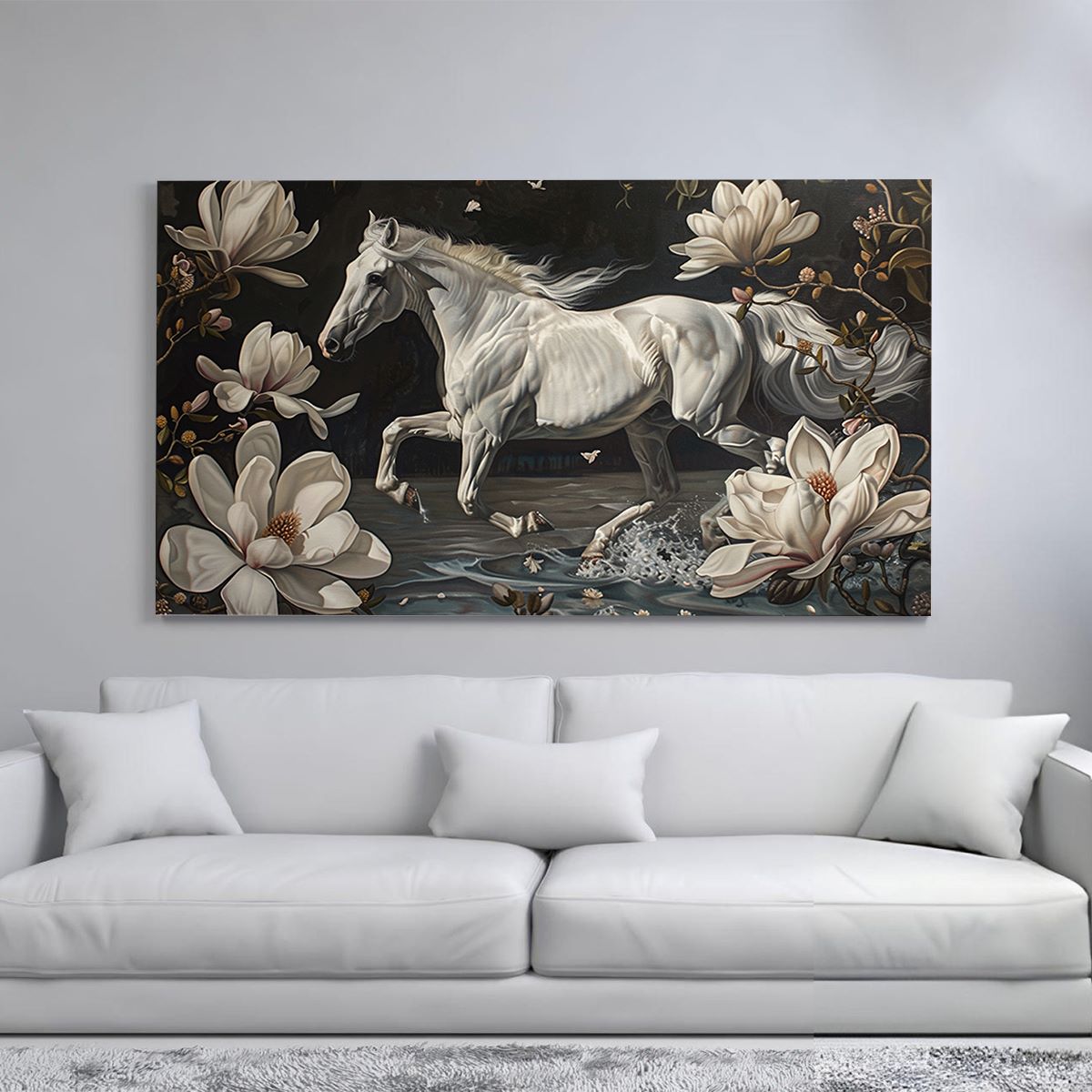 Nature Canvas Prints Product 3 Image 1 White horse galloping through a field of blooming magnolia flowers.