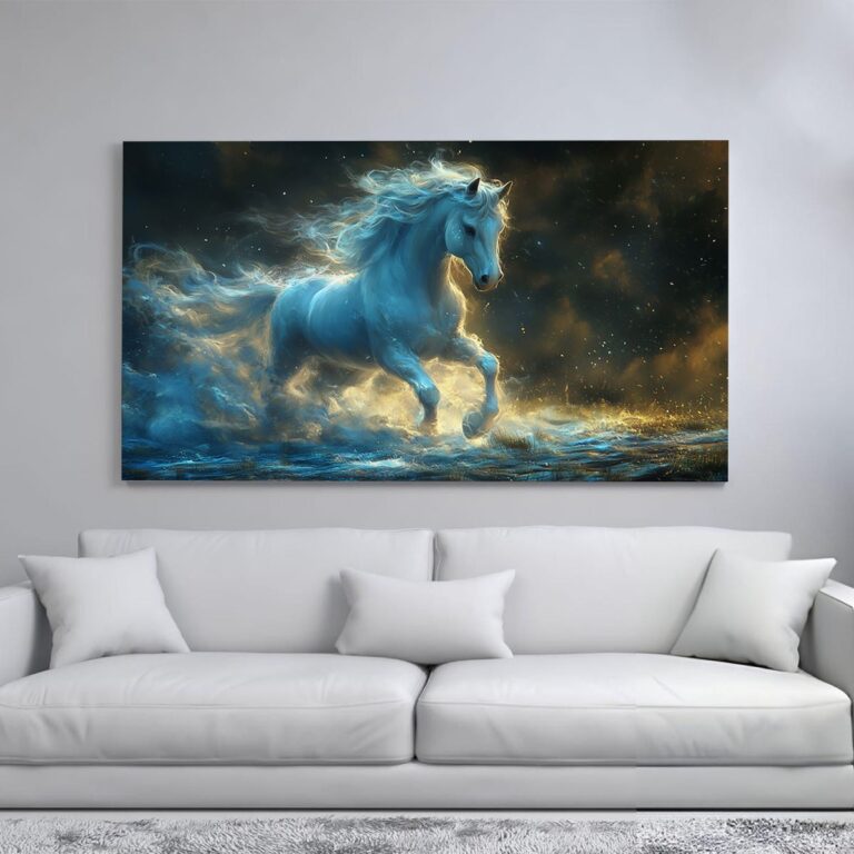 White horse galloping through a field with glowing mane and tail.