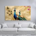 Two peacocks standing side by side with their tails fanned out.