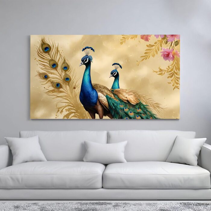 Two peacocks standing side by side with their tails fanned out.