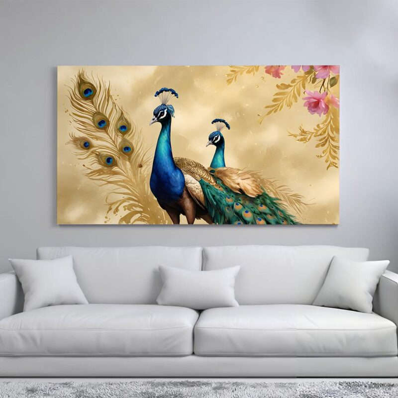 Two peacocks standing side by side with their tails fanned out.