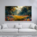 A vibrant canvas print of a colorful meadow filled with wildflowers, surrounded by lush green trees.