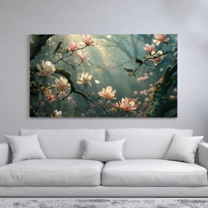 A serene canvas print of magnolia blossoms in full bloom, with birds perched on branches in a sunlit forest.