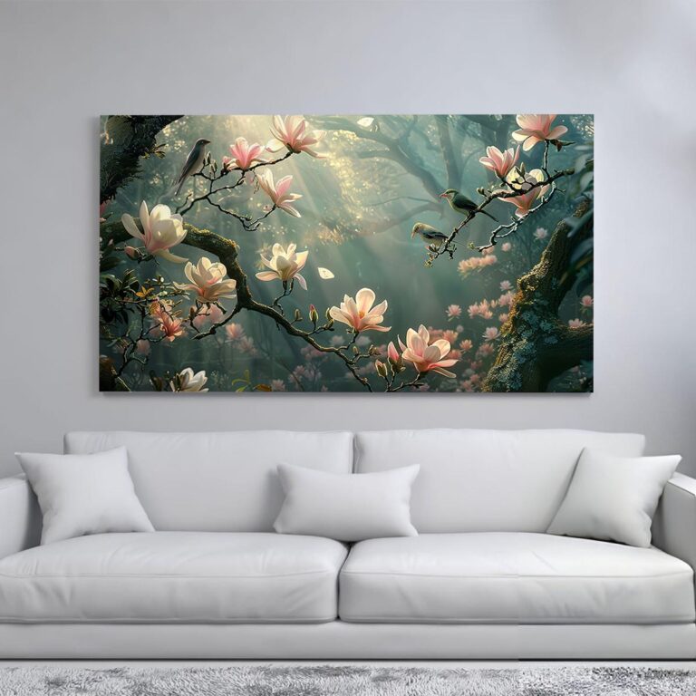 A serene canvas print of magnolia blossoms in full bloom, with birds perched on branches in a sunlit forest.