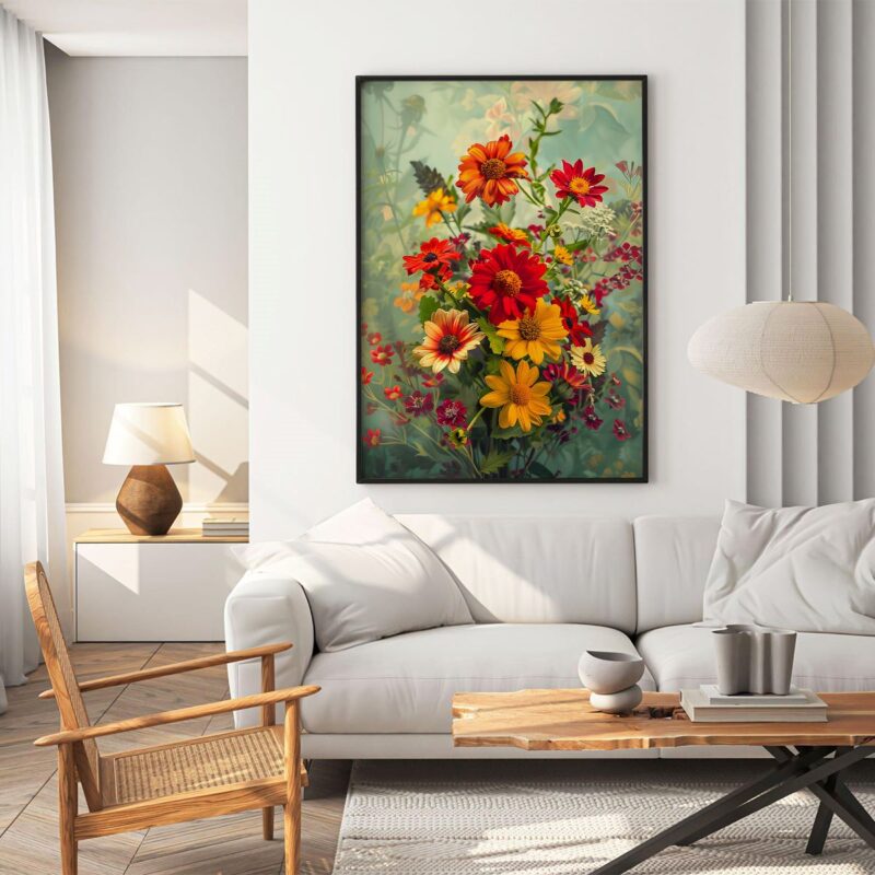 A vibrant canvas print of a colorful bouquet of flowers, including daisies, chrysanthemums, and other blooms.