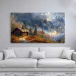 A scenic canvas print depicting a cozy cabin nestled in a mountainous landscape, with a rainbow arching over the peaks.