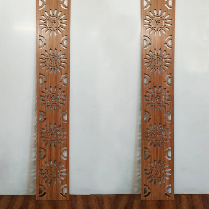 Two vertical acrylic panels with laser-cut sun and moon designs.
